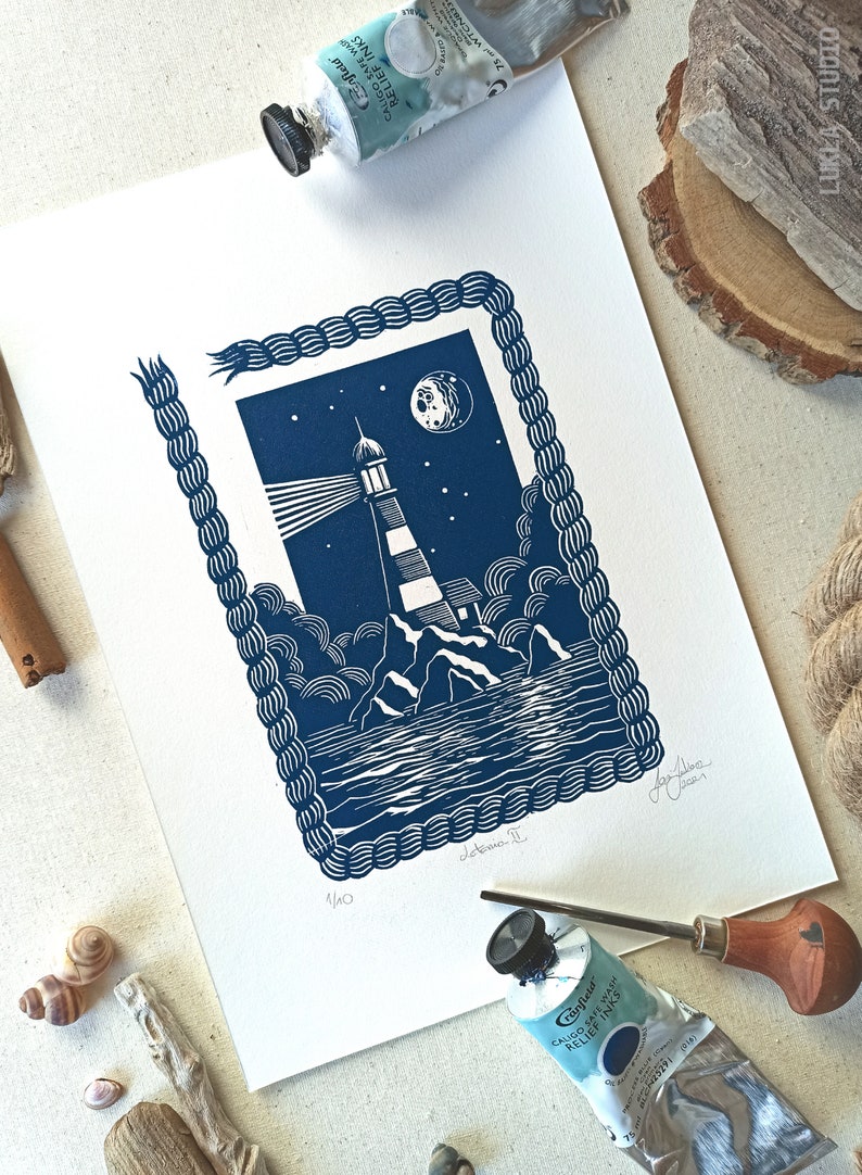 Original linocut print, lighthouse blue art, handmade illustration sea lovers, coastal decor, room decoration idea, LIGHTHOUSE II image 6