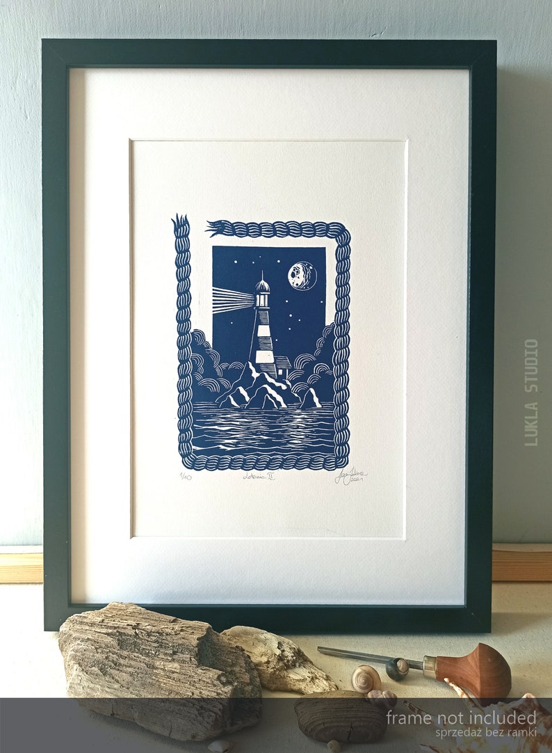 Original linocut print, lighthouse blue art, handmade illustration sea lovers, coastal decor, room decoration idea, LIGHTHOUSE II image 7