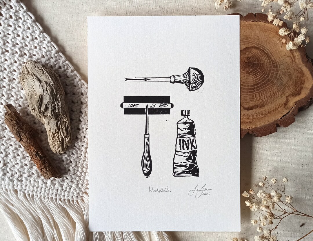 Original Linocut TOOL KIT, Lino Print Artwork, Linoprint Art for