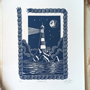 Original linocut print, lighthouse blue art, handmade illustration sea lovers, coastal decor, room decoration idea, LIGHTHOUSE II image 1