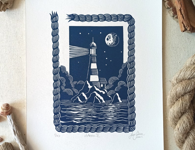 Original linocut print, lighthouse blue art, handmade illustration sea lovers, coastal decor, room decoration idea, LIGHTHOUSE II image 1