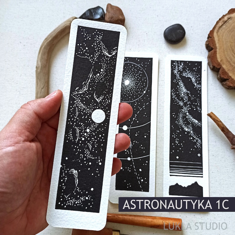 Unique linocut cosmic bookmark, unique sci-fi astronautics hand printed bookmarks for book lover, book accessory with celestial space image 7