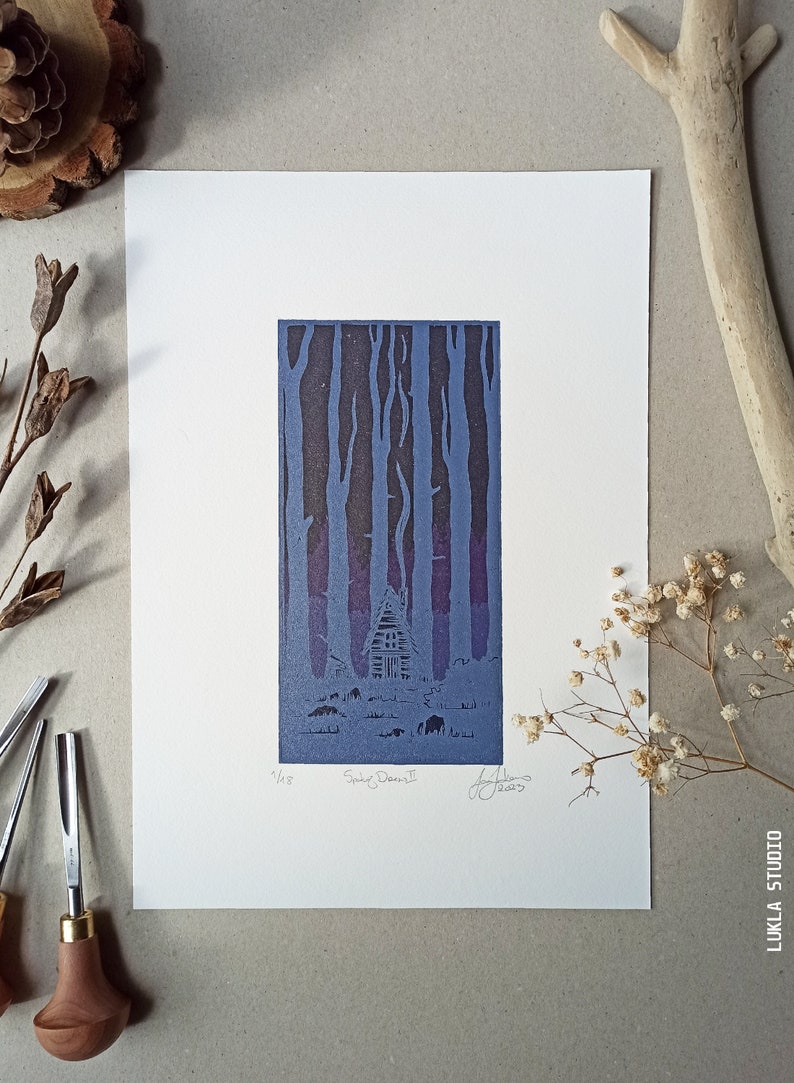 Unique multicolor linocut artwork, wall decoration dark forest print, lino print poster, ink art, color print of woods, deep forest decor image 2