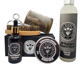 Kit definitivo para el cuidado de la barba: viene con bálsamo, aceite, cepillo, peine, tijeras y champú