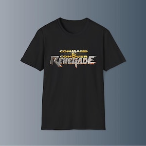 May include: Black t-shirt featuring the video game title "Command & Conquer Renegade" in gold and silver lettering. The short-sleeved shirt is made of a soft material.