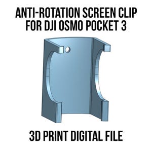 以下が含まれることがあります： DJI Osmo Pocket 3 用の、3D プリントされた水色のアンチローテーションスクリーンクリップ。 クリップは穴のある湾曲したデザインで、「3D PRINT DIGITAL FILE」と表示されています。