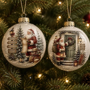 Julgransprydnader med julgranskulor, 5 utskrivbara pappersset med vintermotiv, digitala designer för rustik lantlig jul