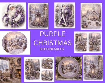 May include: A collection of 25 digital printables featuring purple Christmas themes, including illustrations of Santa Claus in purple robes, snowy winter landscapes, horse-drawn carriages, decorated lanterns, and a church, with the text PURPLE CHRISTMAS 25 PRINTABLES.