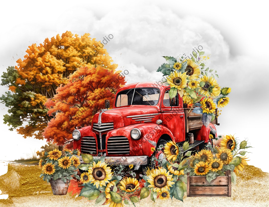 Farmhouse Fall Red Truck Printable, Fall Pumpkins Png, Farm Truck ...