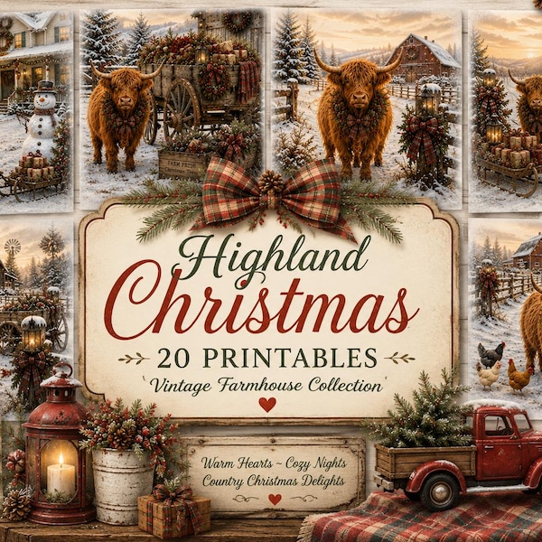 Highland Christmas Printable Bundle | 20 Farmhouse Designs | Highland Cow Decoupage Papers | Digital Download | DIY Shelf Sitters |