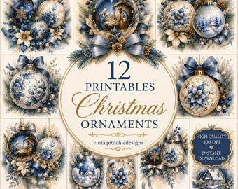 Imprimibles de adornos navideños azules y dorados, elegantes adornos de la Natividad, tarjetas navideñas vintage, diario de recortes