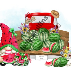 gnomes and red truck, gnomes for summer, watermelon gnome, gnome png, t-shirts, gnome pillow, bee happy gnomes,