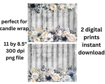 floral candle wraps decoupage papers, instant download, stripes and flowers, floral rice paper design, png floral printable,  digital file