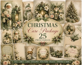 Imprimibles vintage para paquetes de regalo navideños, kit de diario creativo verde salvia (descarga digital)