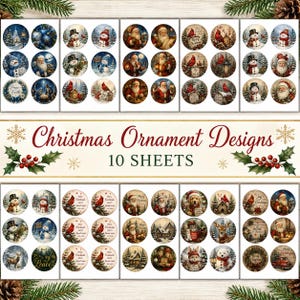 Paquete de diseños de adornos navideños / 10 hojas de adornos imprimibles / Adornos navideños vintage de Papá Noel, muñeco de nieve y cardenal