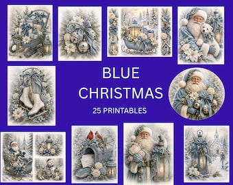 Printbare kerstpakketten, 25 zachtblauwe digitale afbeeldingen, Junk Journal Kit | Cadeaulabels, kaarten, decoratie voor op de plank, kerstversiering, kerstman, rendieren
