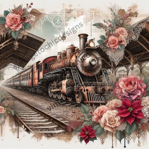 christmas train design floral rice paper print decoupage crafting scrapbooking  flower printable, a-4 size, gift sign