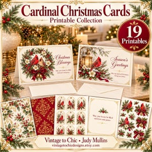 Puede incluir: Una colección de 19 tarjetas de Navidad imprimibles con cardenales, acebo y linternas. El set incluye tarjetas plegadas con textos como Christmas Blessings y Season's Greetings, etiquetas de regalo y papel estampado en tonos rojos y crema.