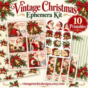 Puede incluir: Un kit de efímera digital con 10 diseños navideños imprimibles. La colección incluye ilustraciones de Santa Claus, campanas doradas, acebo y ramas de pino. El texto incluye "Vintage Christmas Ephemera Kit", "10 Printables" y "vintagetochicdesigns.etsy.com".