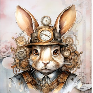 Steampunk Bunny Digital Download, Rice Paper, Easter Rabbits, Spring ...