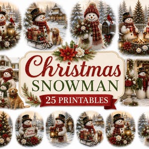 Op de afbeelding: Een verzameling van 25 printbare kerst-sneeuwpopafbeeldingen met diverse winterscènes met sneeuwpoppen, rode sjaals, hoge hoeden, dennenbomen, kerststerren en golden retrievers, rondom een bord met de tekst Christmas SNOWMAN 25 PRINTABLES.