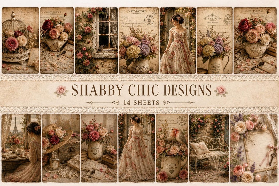 Shabby Chic Digital Paper Bundle | 14 Romantic Vintage Designs ...