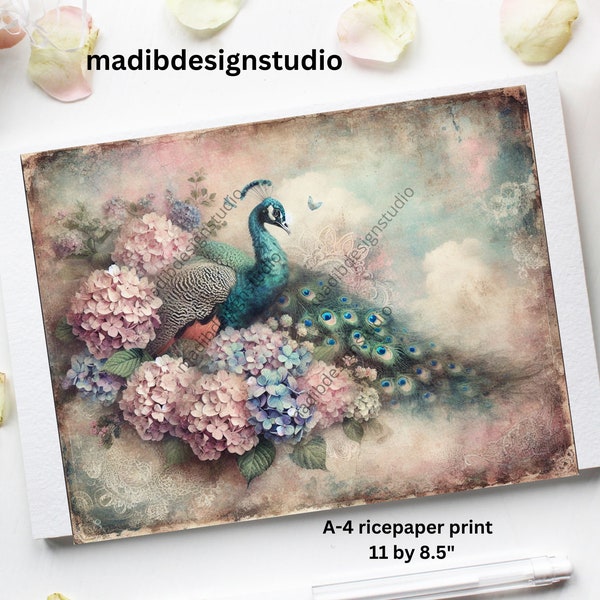 peacock rice paper print, decoupage, crafting, scrapbooking, birds, rice paper design, flower printable, A4 or A3 size