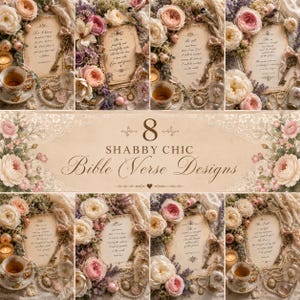 8 carte digitali con versetti biblici in stile shabby chic, pacchetto di stampe cristiane floreali vintage, rose romantiche, pizzo e pagine per diario con citazioni bibliche.