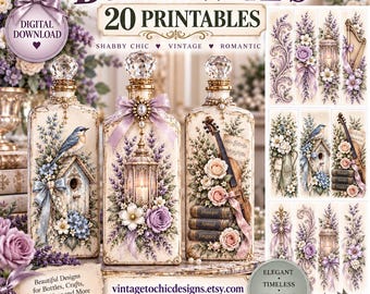 Shabby Chic Bottle Wrap Printables, 20 Vintage Decoupage Designs, Lavender Floral Digital Papers, Romantic Bottle Art