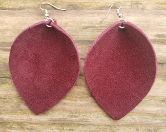 Burgundy Leather Leaf Earrings