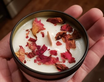 Midnight Moon Rose Floral/ Wood Wick Candle, Mother's Day, Gift, Wedding Favor, hand poured, Rose Petals, Red