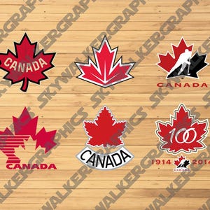 Peut inclure: Six variations différentes d'un logo de feuille d'érable canadienne. Les logos sont rouges et blancs avec le mot "Canada" écrit dessus. Certains logos ont les années "1914" et "2014" écrites dessus.