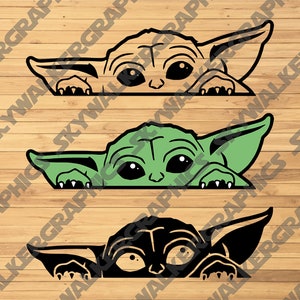 May include: Three stylized illustrations of a character with large ears and eyes, peeking over a surface. The top image is a black outline, the middle is green, and the bottom is black with white highlights. The background is a wood grain pattern.