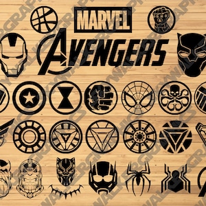 May include: Black graphic designs of Marvel Avengers characters and logos, including Iron Man, Captain America, Black Widow, Spider-Man, and Thanos. The word "MARVEL" is above the word "AVENGERS". The designs are on a light brown wooden background.