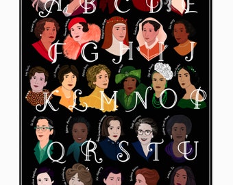 Könnte beinhalten: Ein Alphabet-Poster mit Illustrationen von bemerkenswerten Frauen aus der Geschichte. Jeder Buchstabe ist mit dem Namen einer Frau und einer kurzen Beschreibung ihrer Leistungen gepaart. Das Poster ist in einem farbenfrohen und skurrilen Stil gestaltet, wobei jede Frau auf einzigartige und ausdrucksstarke Weise dargestellt wird.