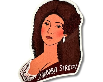 Könnte beinhalten: Ein Aufkleber mit einem Porträt von Barbara Strozzi, einer italienischen Komponistin und Sängerin. Der Aufkleber ist im Vintage-Stil illustriert mit braunem Hintergrund und zeigt eine Frau mit braunen Haaren und einer roten Rose hinter dem Ohr. Der Text "BARBARA STROZZI" ist in einer kursivschriftlichen Schriftart am unteren Rand des Aufklebers geschrieben.