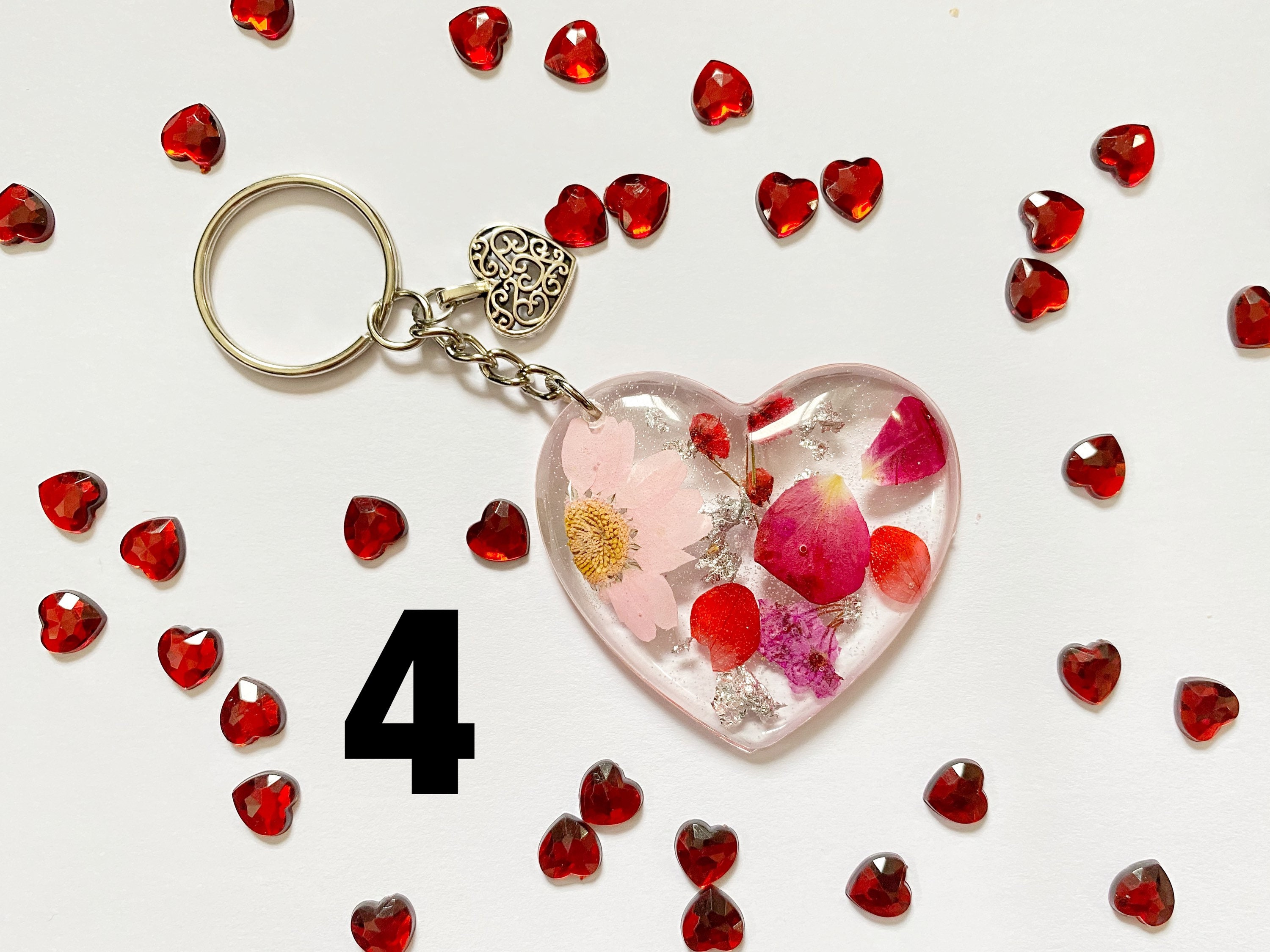 One Resin Heart Keychain With Pressed Flowers and Silver Etsy