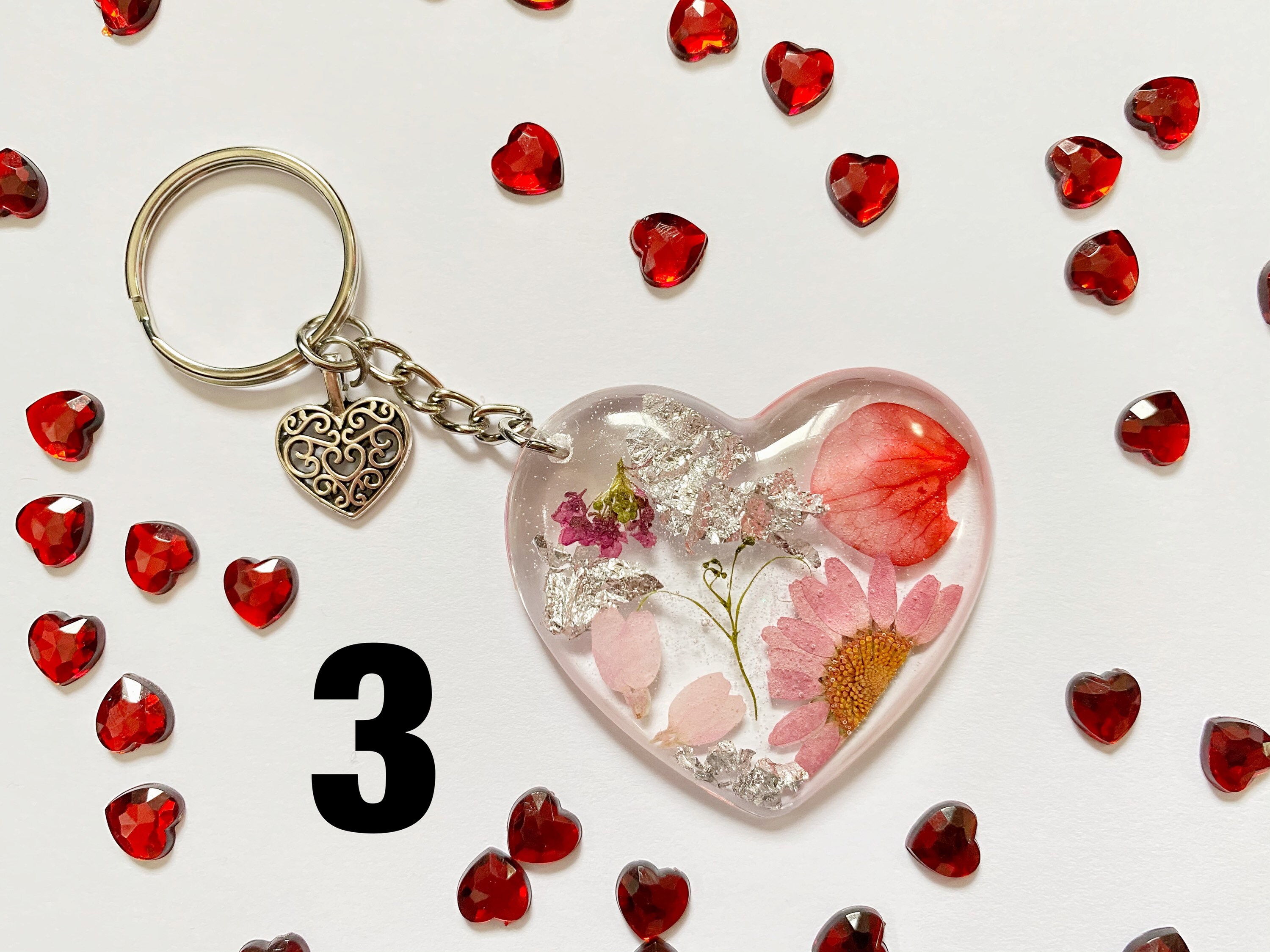 One Resin Heart Keychain With Pressed Flowers and Silver Etsy