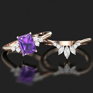 14K Solid Gold Amethyst Bridal Ring Set | Vintage Bridal Set |  Amethyst Ring | Curved Moissanite wedding Promise Ring | Engagement Ring Set