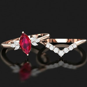 Marquise 14K Solid Gold Ruby Bridal  Ring Set | Vintage Bridal Set | 14K Solid Gold Ring | Curved Ruby wedding Promise Ring Anniversary Ring