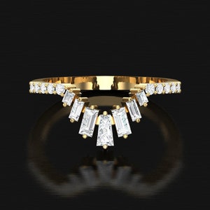 14K Gold Baguette Moissanite Curved Wedding Band: Stacking Ring