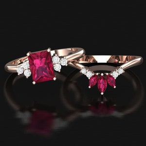 Ruby Engagement Ring Set Vintage 14K Solid Gold Ruby Wedding Ring Promise Bridal Ring Unique Anniversary Gift For Her Curved Wedding Band