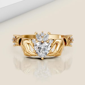 Claddagh Ring Moissanite Claddagh Ring Celtic Knot Ring Gemstone Ring Silver Irish Crown Ring Irish Claddagh Ring Heart Shape Birthstone