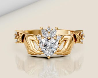 Claddagh Ring Moissanite Claddagh Ring Celtic Knot Ring Gemstone Ring Silver Irish Crown Ring Irish Claddagh Ring Heart Shape Birthstone
