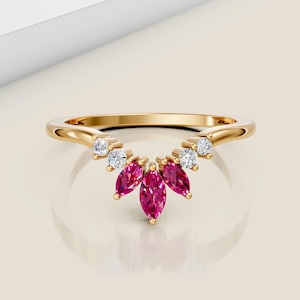 14K Solid Gold Ruby Marquise Band Ring, Minimalist Ruby Wedding Ring, Dainty Ruby Stacking Ring, Ruby Curved Wedding Band, Red Stone Band