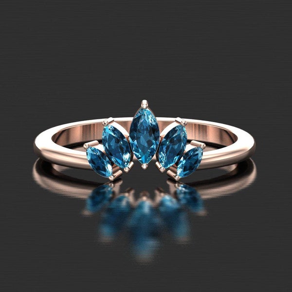 London Blue Topaz 14K Rose Gold Wedding Band: Marquise Stacking Ring