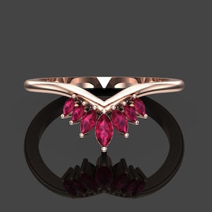 14K Solid Gold Ruby Marquise Band Ring, Minimalist Ruby Wedding Ring, Dainty Ruby Stacking Ring, Ruby Curved Wedding Band, Red Stone Band