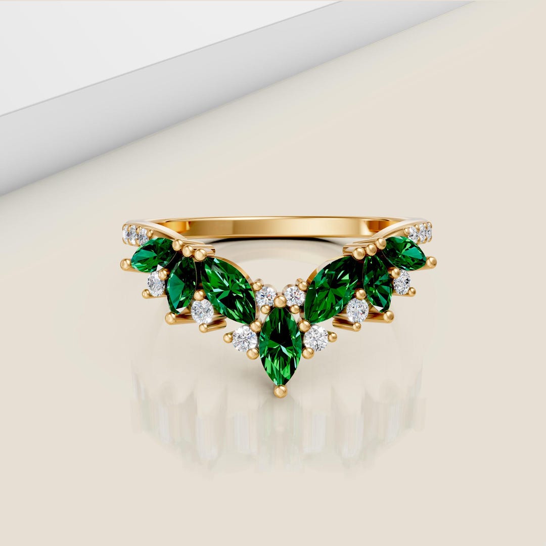 14K Solid Gold Emerald Marquise Band Ring: Dainty Stacking Ring - Etsy