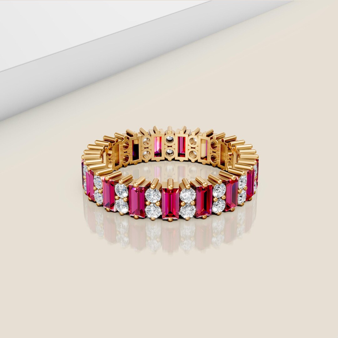 14K Gold Baguette Ruby Eternity Ring: Simulated Diamond Wedding Band - Etsy