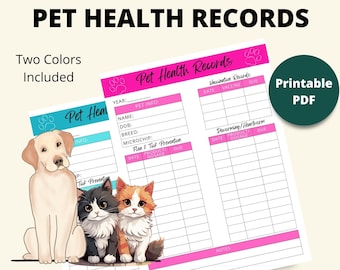 Könnte beinhalten: Druckbare Haustier-Gesundheitsformulare in Pink und Blau mit einem Hund und zwei Katzen. Das Formular enthält Abschnitte für Impfaufzeichnungen, Entwurmung/Herzwurm, Floh- und Zeckenprävention sowie Notizen.